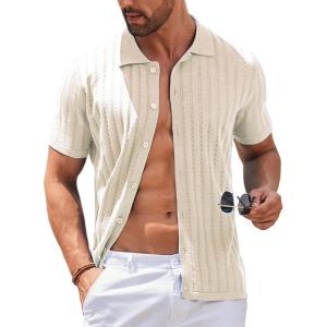 imageCOOFANDY Mens Knit Shirts Short Sleeve Button Down Polo Shirt Vintage Casual Summer Beach ShirtsBeige