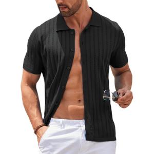 imageCOOFANDY Mens Knit Shirts Short Sleeve Button Down Polo Shirt Vintage Casual Summer Beach ShirtsBlack