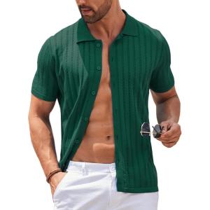 imageCOOFANDY Mens Knit Shirts Short Sleeve Button Down Polo Shirt Vintage Casual Summer Beach ShirtsGreen