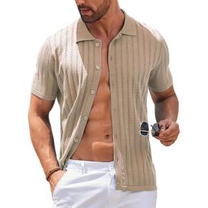 imageCOOFANDY Mens Knit Shirts Short Sleeve Button Down Polo Shirt Vintage Casual Summer Beach ShirtsKhaki