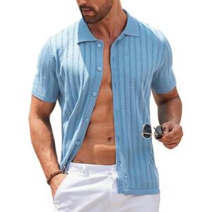 imageCOOFANDY Mens Knit Shirts Short Sleeve Button Down Polo Shirt Vintage Casual Summer Beach ShirtsLight Blue