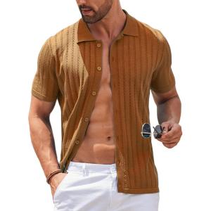imageCOOFANDY Mens Knit Shirts Short Sleeve Button Down Polo Shirt Vintage Casual Summer Beach ShirtsLight Brown
