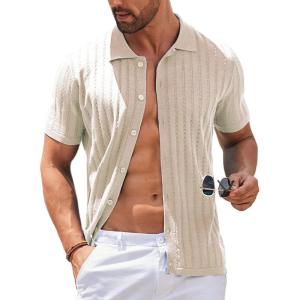 imageCOOFANDY Mens Knit Shirts Short Sleeve Button Down Polo Shirt Vintage Casual Summer Beach ShirtsLight Khaki