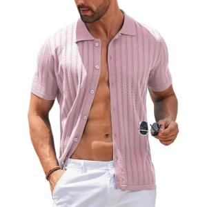 imageCOOFANDY Mens Knit Shirts Short Sleeve Button Down Polo Shirt Vintage Casual Summer Beach ShirtsLight Pink