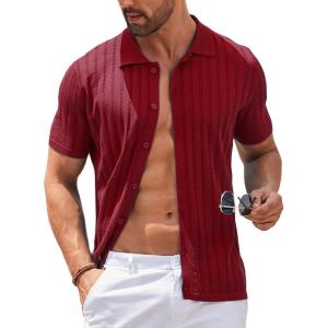 imageCOOFANDY Mens Knit Shirts Short Sleeve Button Down Polo Shirt Vintage Casual Summer Beach ShirtsWine Red