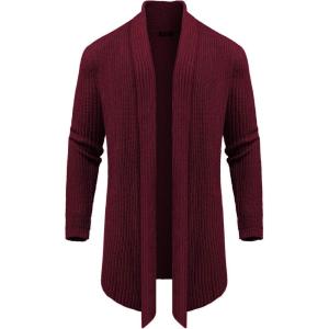 imageCOOFANDY Mens Shawl Collar Long Cardigan Knit Ruffle Fashion Sweater Drape CapeWine Red