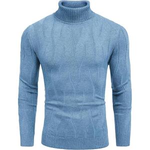 imageCOOFANDY Mens Slim Fit Turtleneck Sweater Long Sleeve Casual Knitted Pullover SweatersLight Blue and White