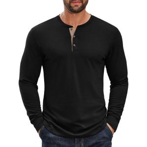 imageCOOFANDY Mens Long Sleeve Henley Shirts Cotton TShirts Casual Pullover Shirt Soft Stretch Basic Tees Fall TopsBlack 02  Khaki Collar
