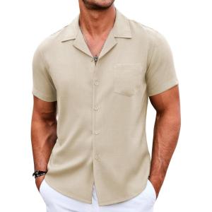 imageCOOFANDY Mens Casual Button Down Shirts Short Sleeve Summer Beach Shirt Cuban Vacation Textured Shirts with PocketBeige