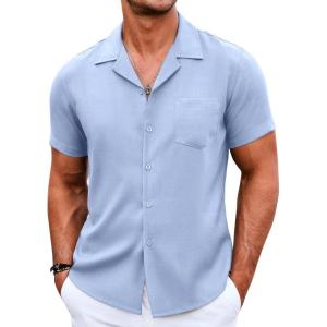 imageCOOFANDY Mens Casual Button Down Shirts Short Sleeve Summer Beach Shirt Cuban Vacation Textured Shirts with PocketClear Blue