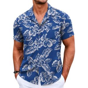imageCOOFANDY Mens Casual Button Down Shirts Short Sleeve Summer Beach Shirt Cuban Vacation Textured Shirts with PocketFloral White and Blue