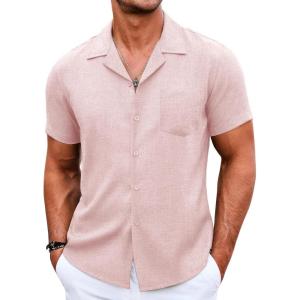 imageCOOFANDY Mens Casual Button Down Shirts Short Sleeve Summer Beach Shirt Cuban Vacation Textured Shirts with PocketLight Pink