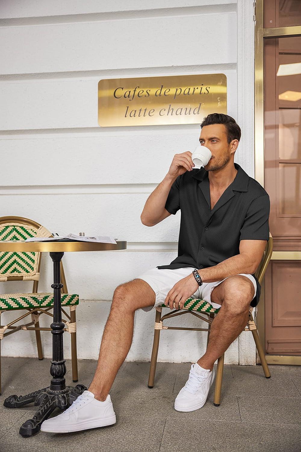 imageCOOFANDY Mens Casual Button Down Shirts Short Sleeve Regular Fit Fashion Camp Beach Shirts TopsBlack