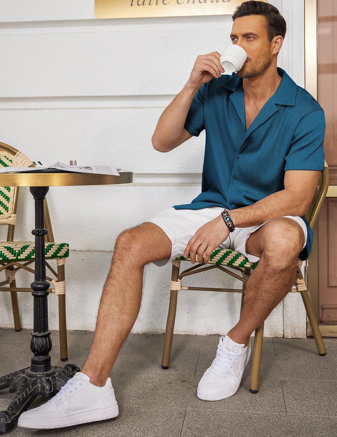 imageCOOFANDY Mens Casual Button Down Shirts Short Sleeve Regular Fit Fashion Camp Beach Shirts TopsLake Blue