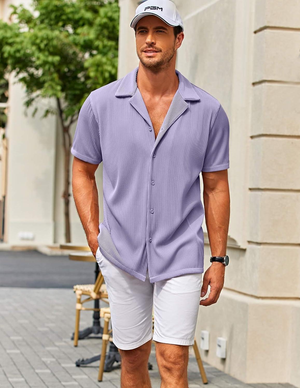 imageCOOFANDY Mens Casual Button Down Shirts Short Sleeve Regular Fit Fashion Camp Beach Shirts TopsLight Purple