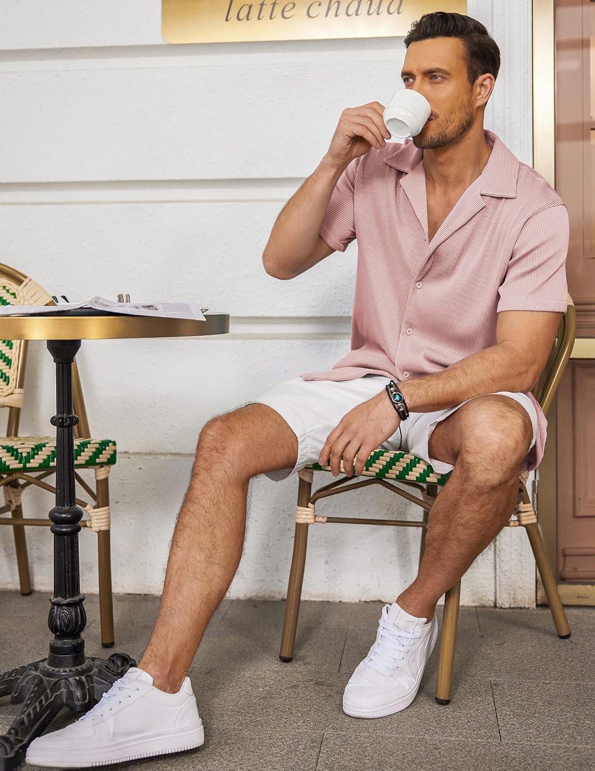 imageCOOFANDY Mens Casual Button Down Shirts Short Sleeve Regular Fit Fashion Camp Beach Shirts TopsMisty Rose