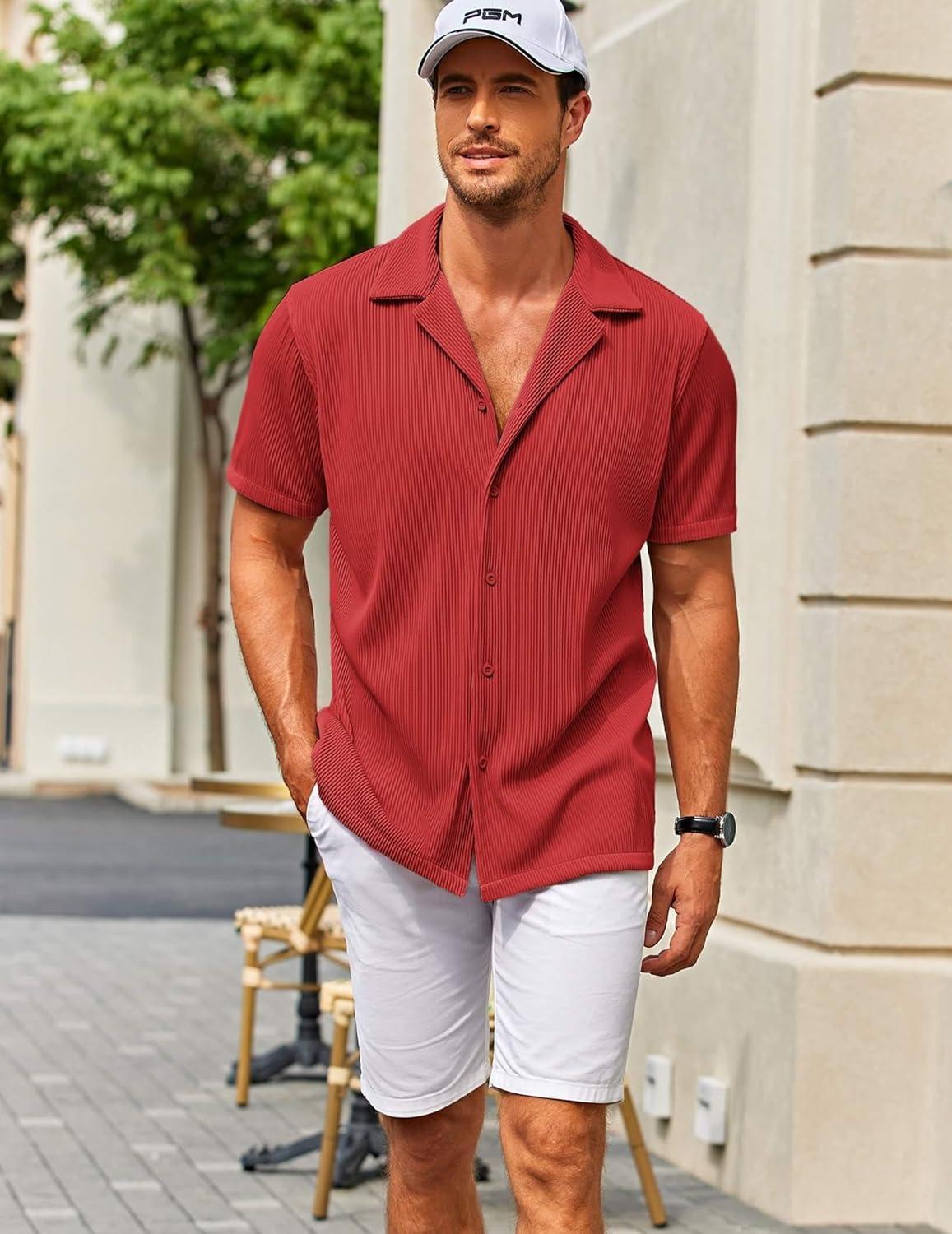 imageCOOFANDY Mens Casual Button Down Shirts Short Sleeve Regular Fit Fashion Camp Beach Shirts TopsRed