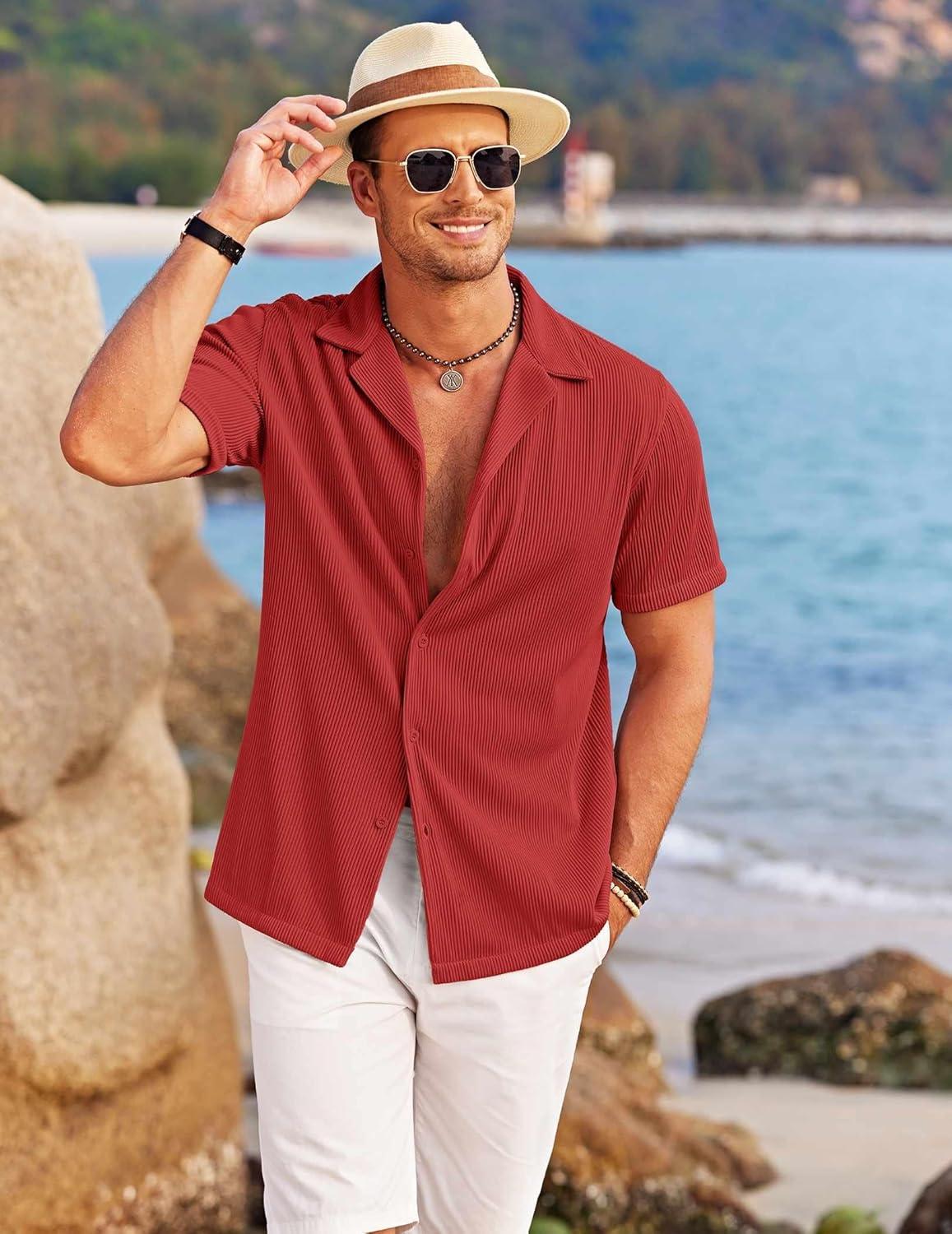 imageCOOFANDY Mens Casual Button Down Shirts Short Sleeve Regular Fit Fashion Camp Beach Shirts TopsRed