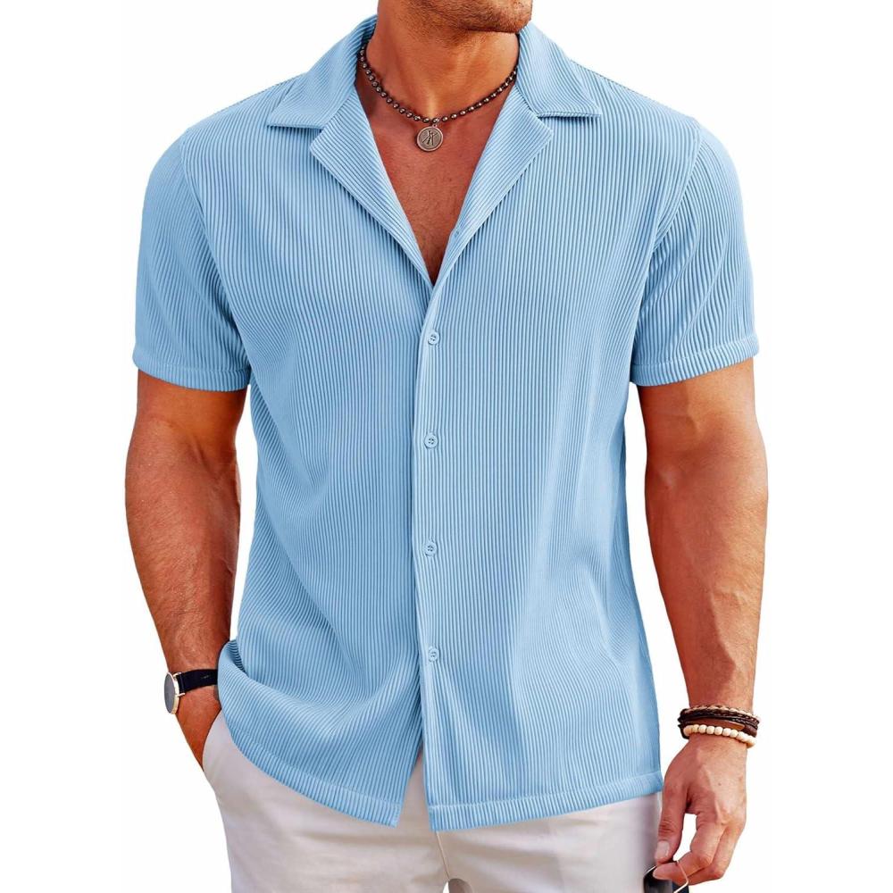 imageCOOFANDY Mens Casual Button Down Shirts Short Sleeve Regular Fit Fashion Camp Beach Shirts TopsBlue