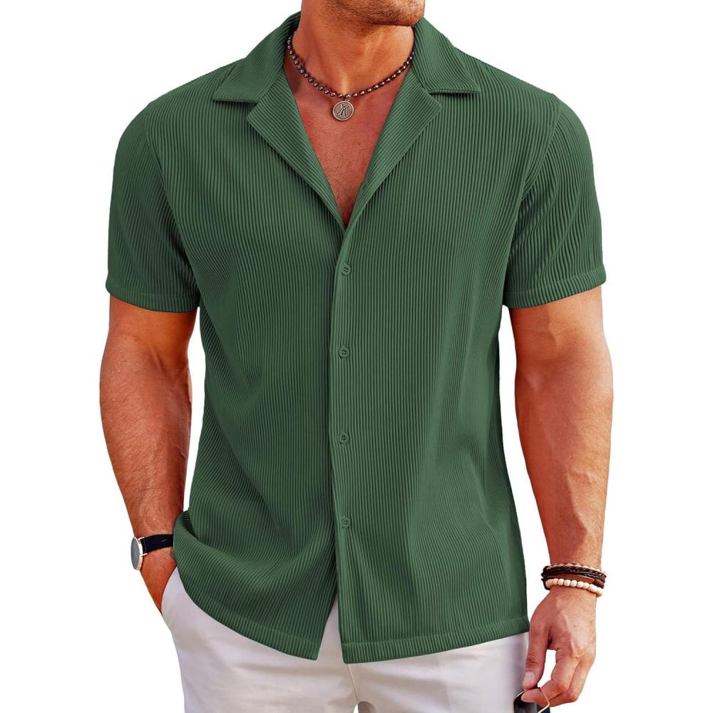 imageCOOFANDY Mens Casual Button Down Shirts Short Sleeve Regular Fit Fashion Camp Beach Shirts TopsDark Green