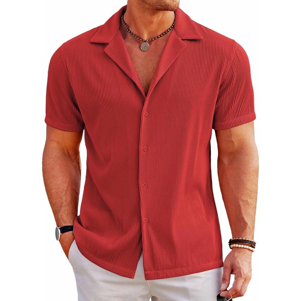 imageCOOFANDY Mens Casual Button Down Shirts Short Sleeve Regular Fit Fashion Camp Beach Shirts TopsRed