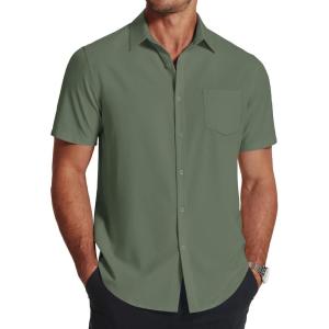imageCOOFANDY Mens Short Sleeve Dress Shirts Wrinkle Free Regular Fit Dress Shirt Textured Casual Button Down ShirtsArmy Green