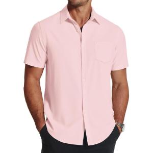 imageCOOFANDY Mens Short Sleeve Dress Shirts Wrinkle Free Regular Fit Dress Shirt Textured Casual Button Down ShirtsPink