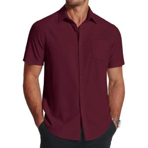 imageCOOFANDY Mens Short Sleeve Dress Shirts Wrinkle Free Regular Fit Dress Shirt Textured Casual Button Down ShirtsWine Red