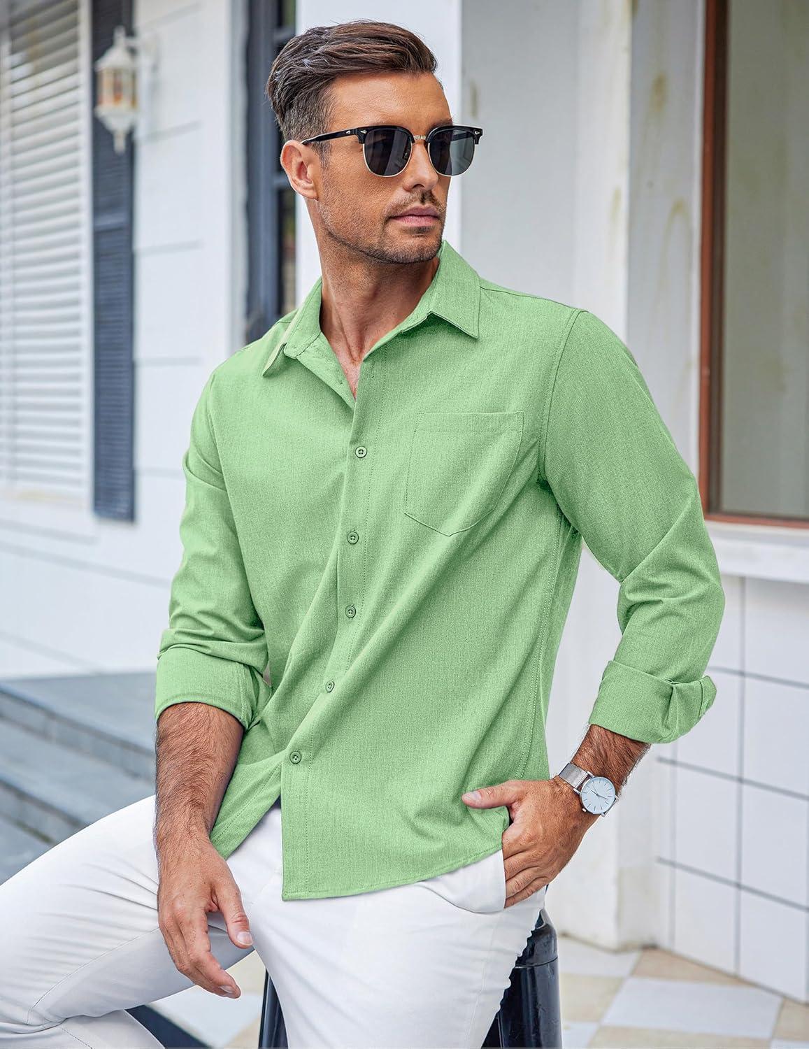 imageCOOFANDY Mens Casual Button Down Shirts Long Sleeve Untucked Shirts Regular Fit Linen ShirtGreen