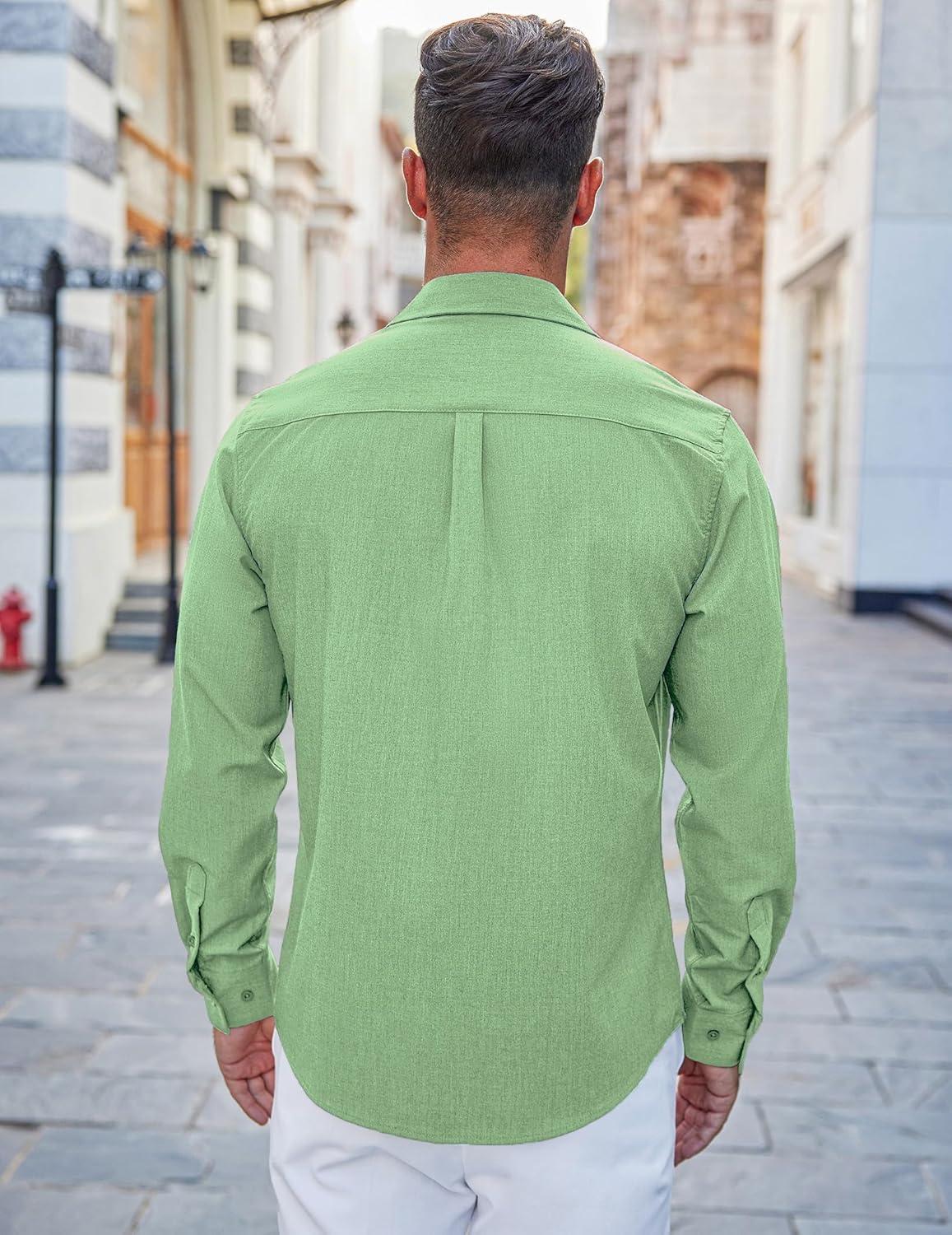 imageCOOFANDY Mens Casual Button Down Shirts Long Sleeve Untucked Shirts Regular Fit Linen ShirtGreen