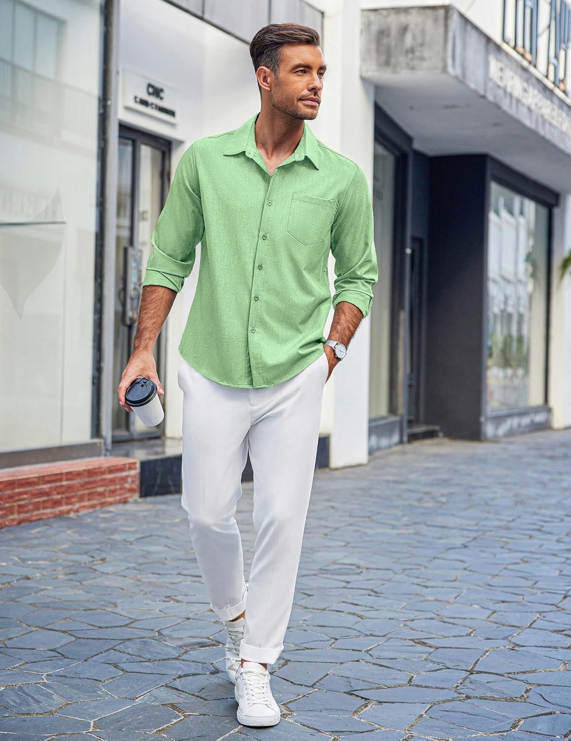imageCOOFANDY Mens Casual Button Down Shirts Long Sleeve Untucked Shirts Regular Fit Linen ShirtGreen