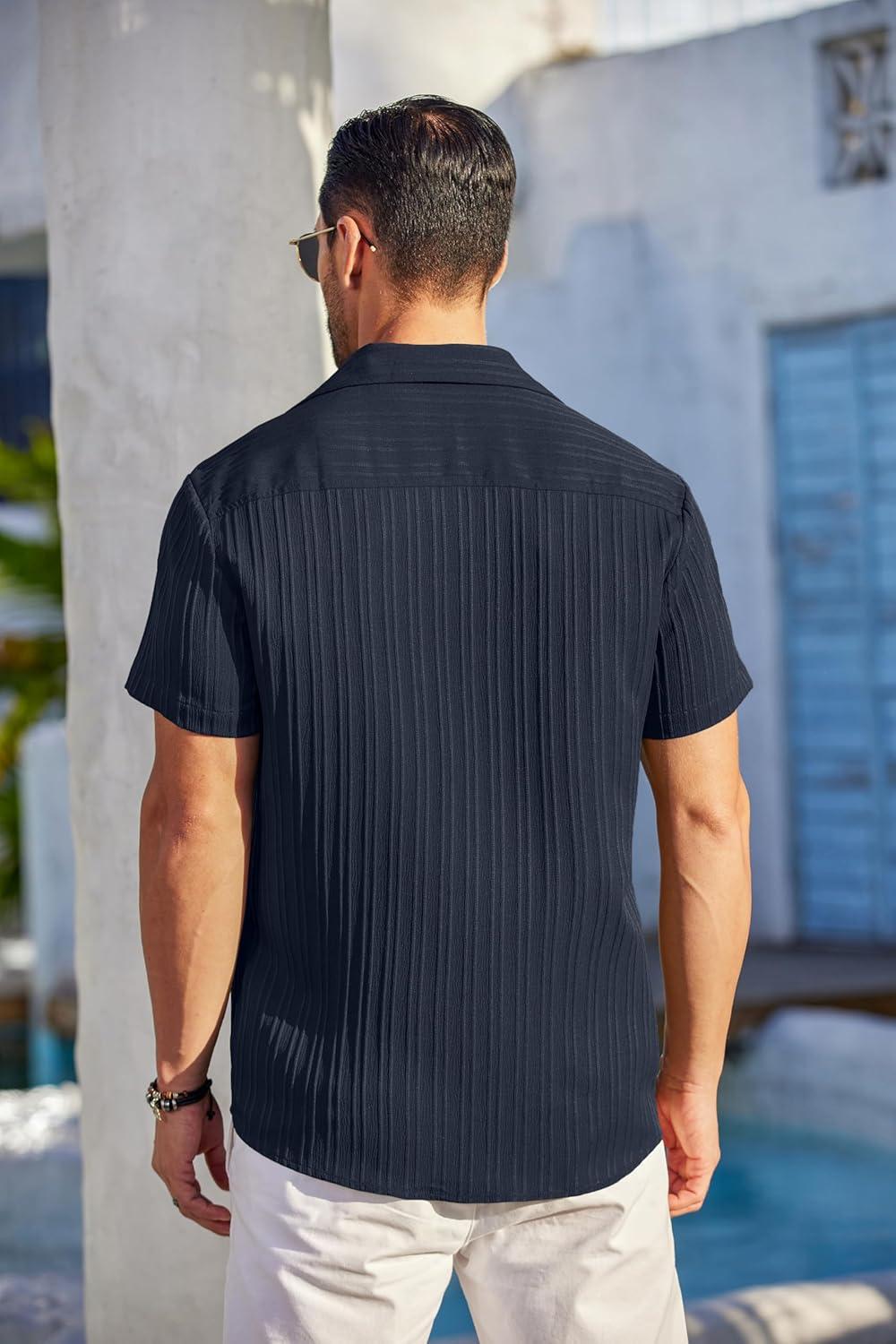 imageCOOFANDY Mens Casual Button Down Shirts Short Sleeve Textured Summer Beach Shirt with PocketIndigo