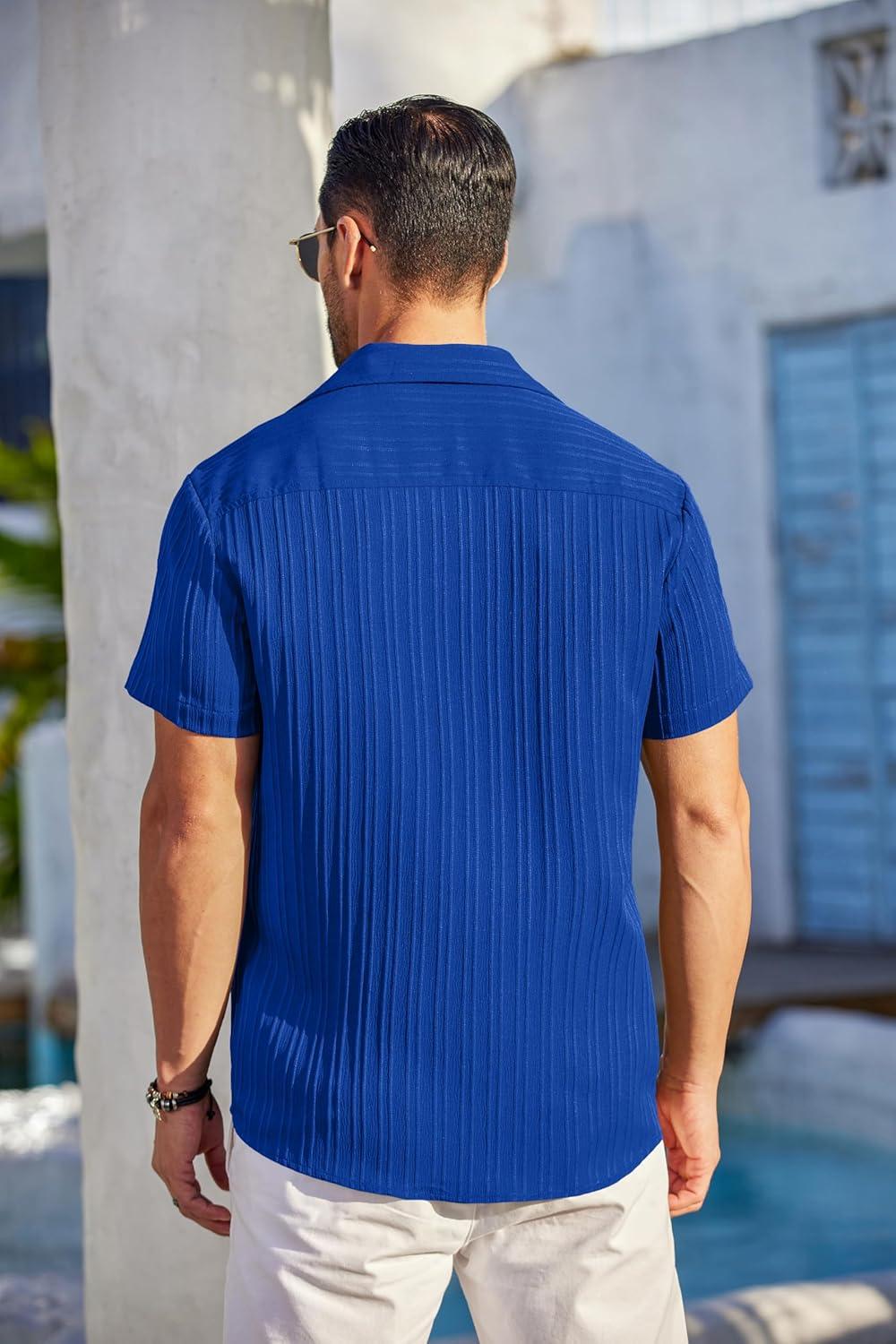 imageCOOFANDY Mens Casual Button Down Shirts Short Sleeve Textured Summer Beach Shirt with PocketRoyal Blue