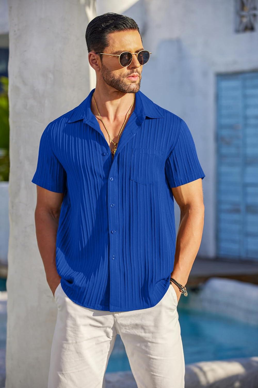 imageCOOFANDY Mens Casual Button Down Shirts Short Sleeve Textured Summer Beach Shirt with PocketRoyal Blue