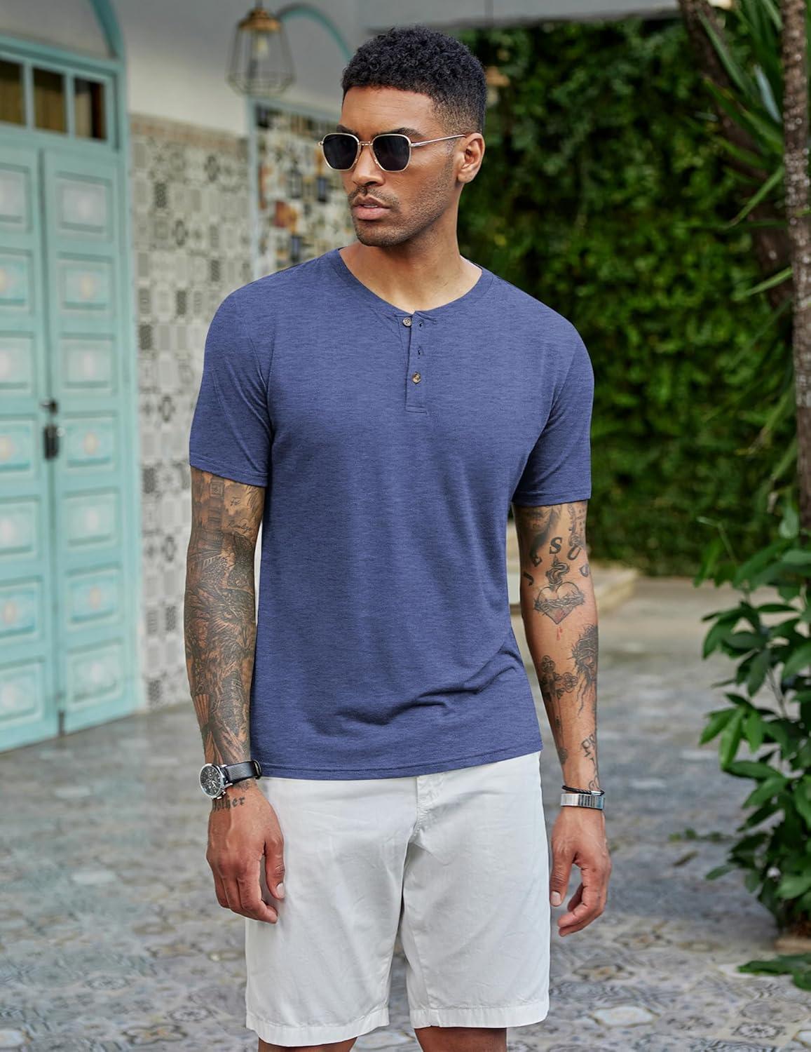 imageCOOFANDY Mens Henley Shirts Short Sleeve Casual Basic Tee Summer Button Henley Soild T ShirtsDeep Blue