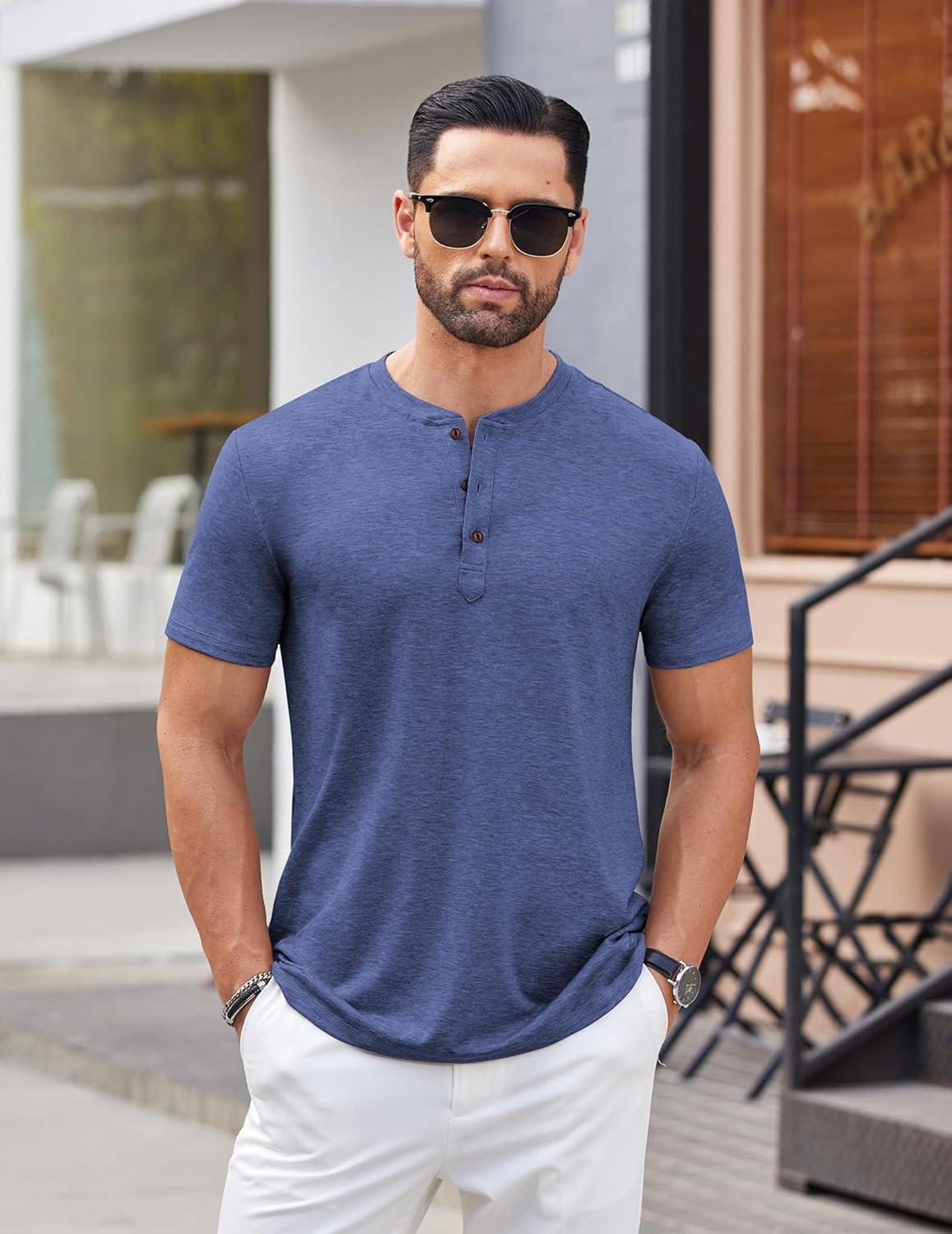 imageCOOFANDY Mens Henley Shirts Short Sleeve Casual Basic Tee Summer Button Henley Soild T ShirtsDeep Blue