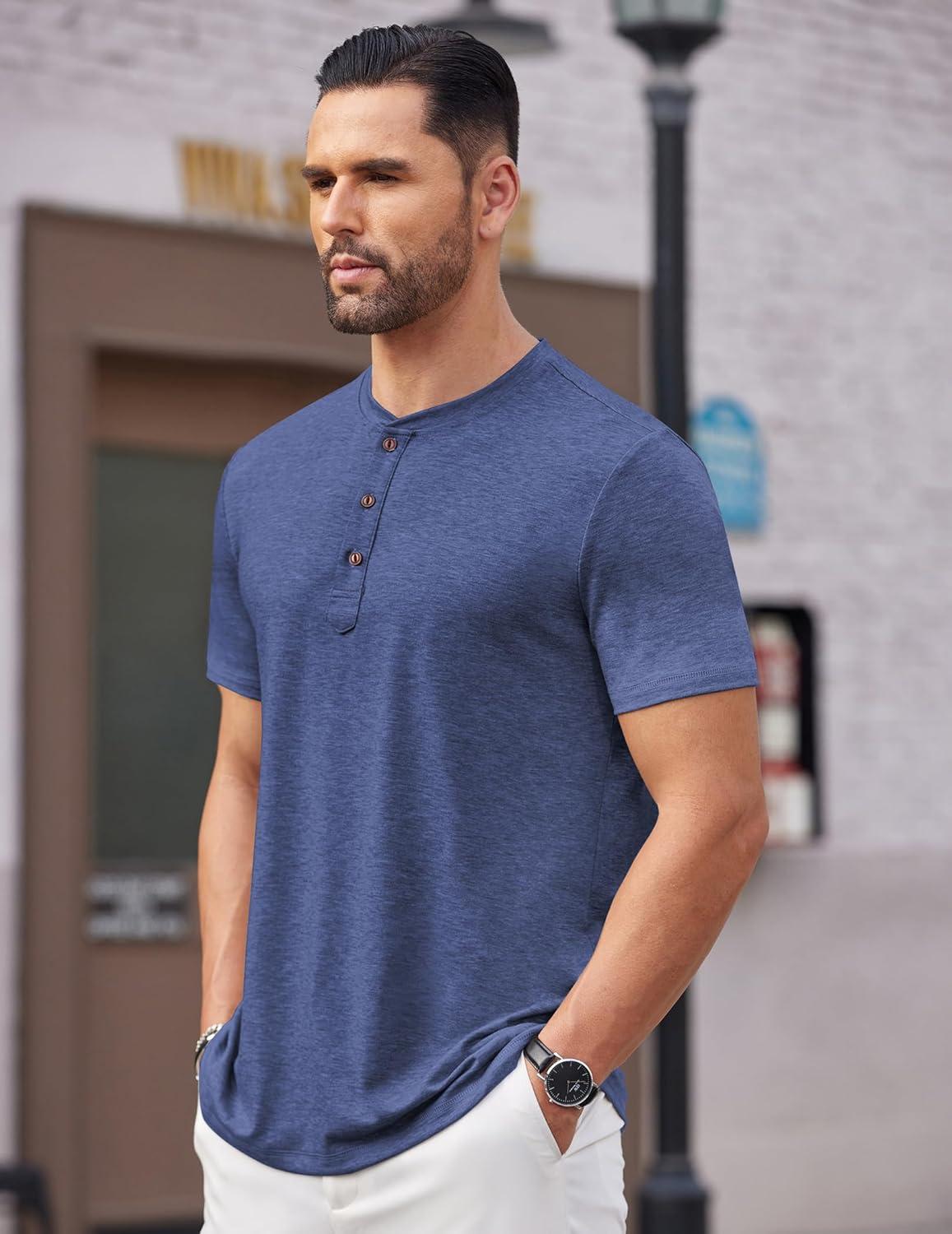 imageCOOFANDY Mens Henley Shirts Short Sleeve Casual Basic Tee Summer Button Henley Soild T ShirtsDeep Blue