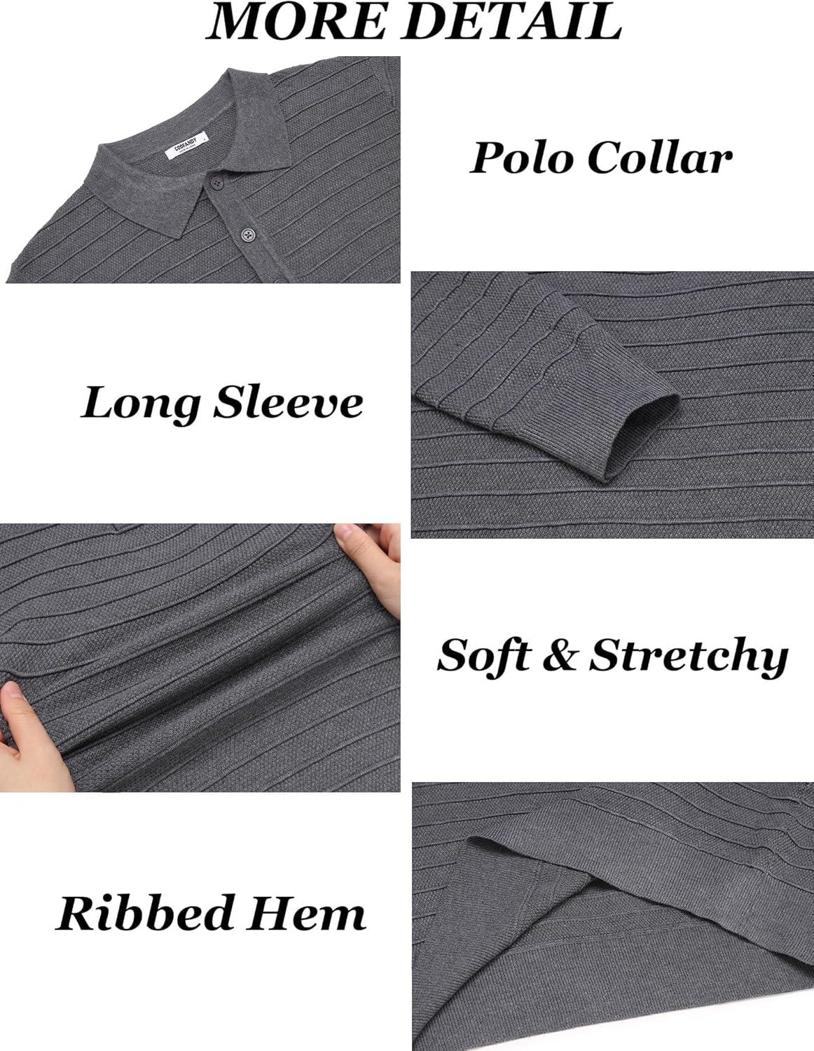 imageCOOFANDY Mens Knit Polo Shirts Long Sleeve Casual Polo Sweaters Shirt Waffle Textured Collared SweaterGray Textured Stripes1