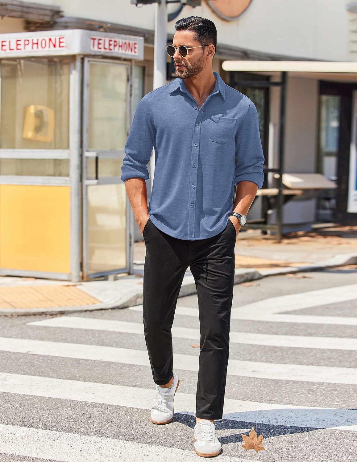 imageCOOFANDY Mens Long Sleeve Wrinkle Free Shirts Casual Button Down Stretch Dress Shirt with PocketBlue