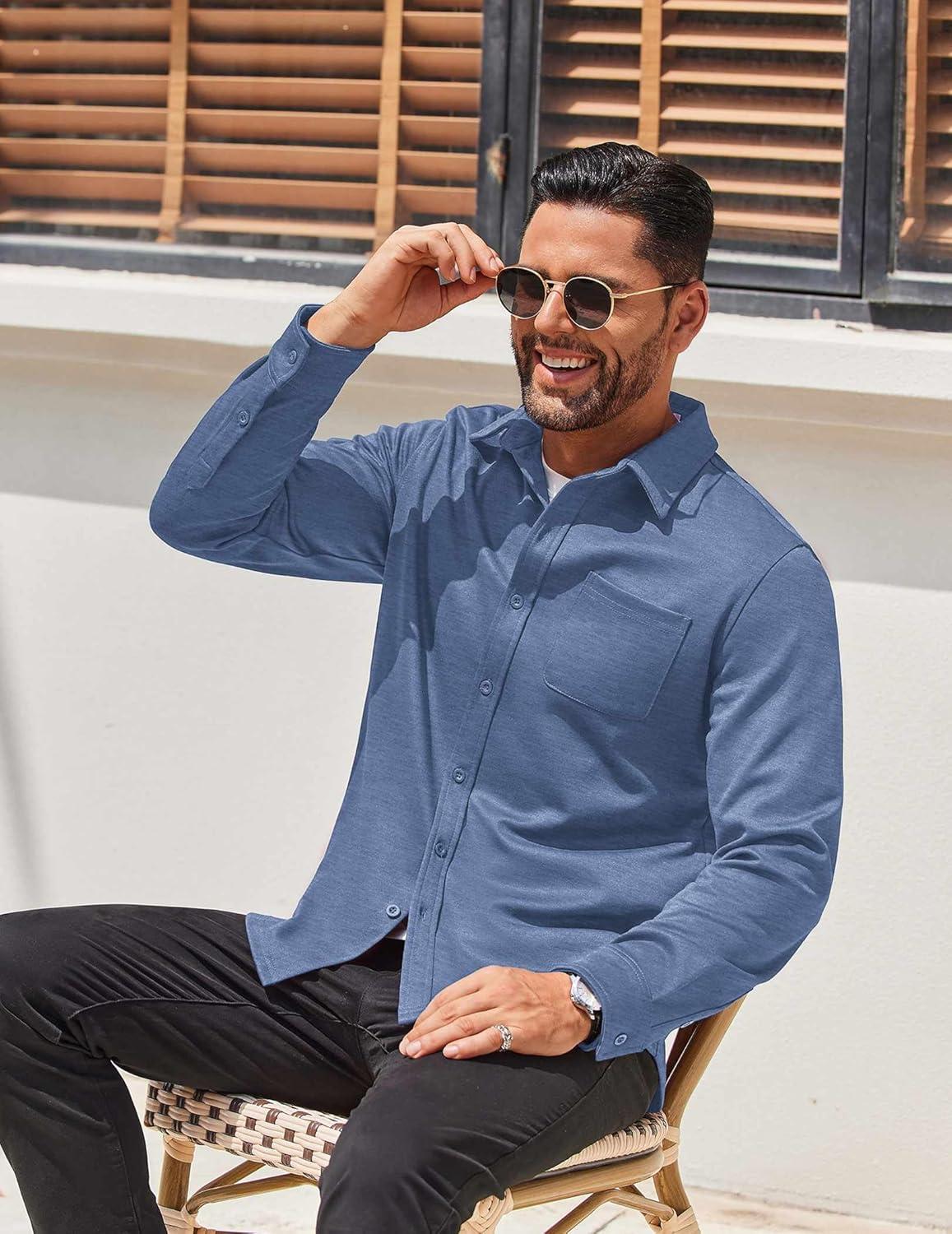 imageCOOFANDY Mens Long Sleeve Wrinkle Free Shirts Casual Button Down Stretch Dress Shirt with PocketBlue