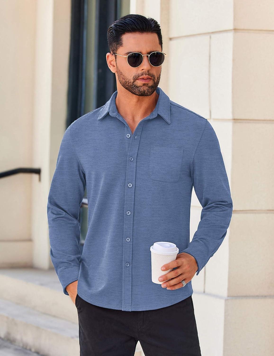 imageCOOFANDY Mens Long Sleeve Wrinkle Free Shirts Casual Button Down Stretch Dress Shirt with PocketBlue