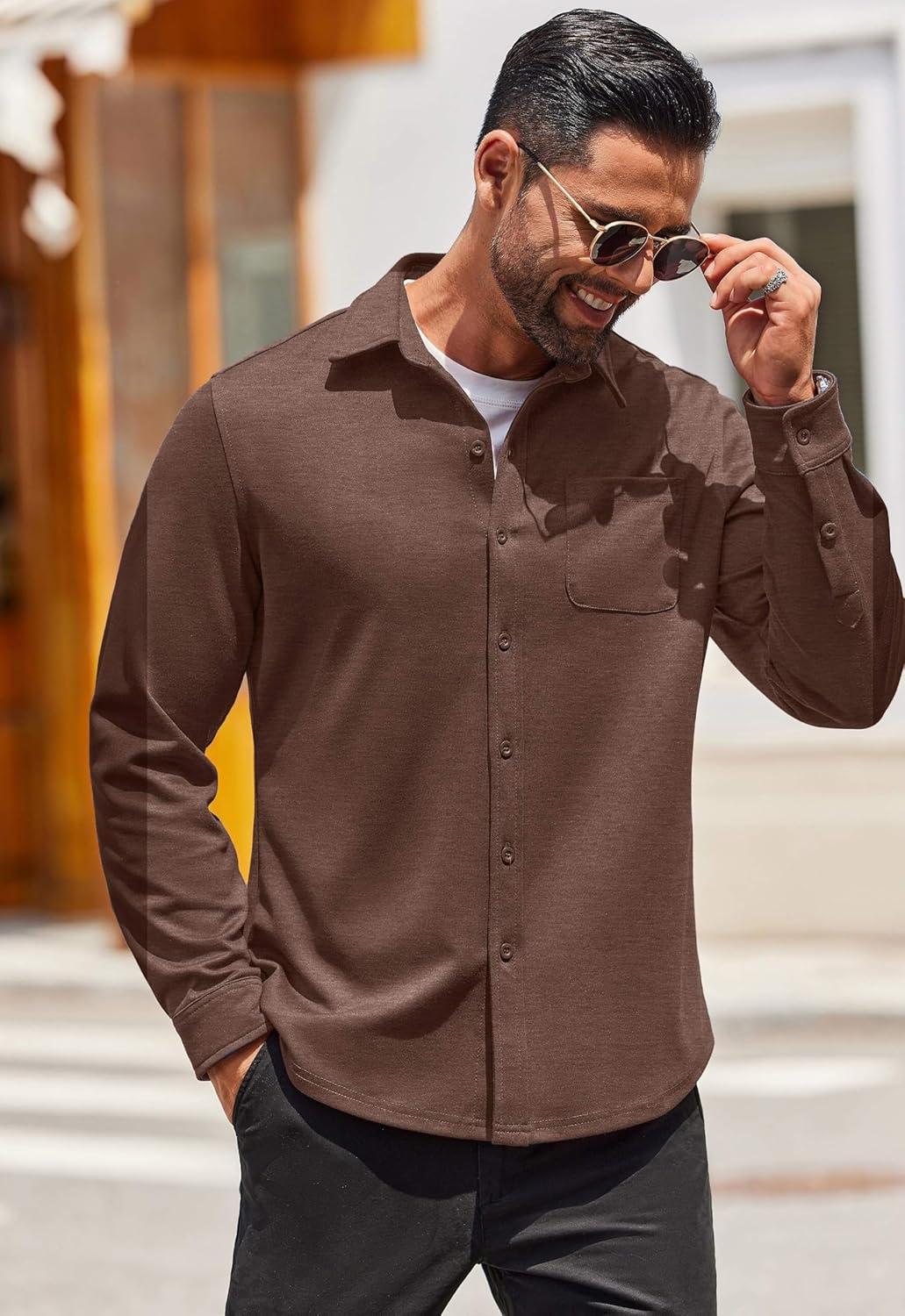 imageCOOFANDY Mens Long Sleeve Wrinkle Free Shirts Casual Button Down Stretch Dress Shirt with PocketBrown