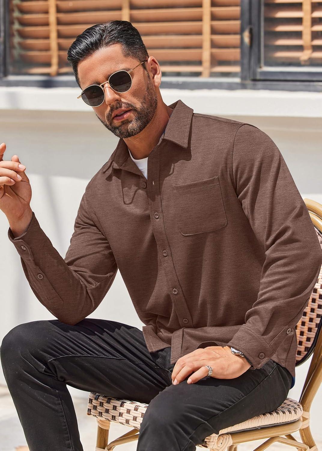 imageCOOFANDY Mens Long Sleeve Wrinkle Free Shirts Casual Button Down Stretch Dress Shirt with PocketBrown