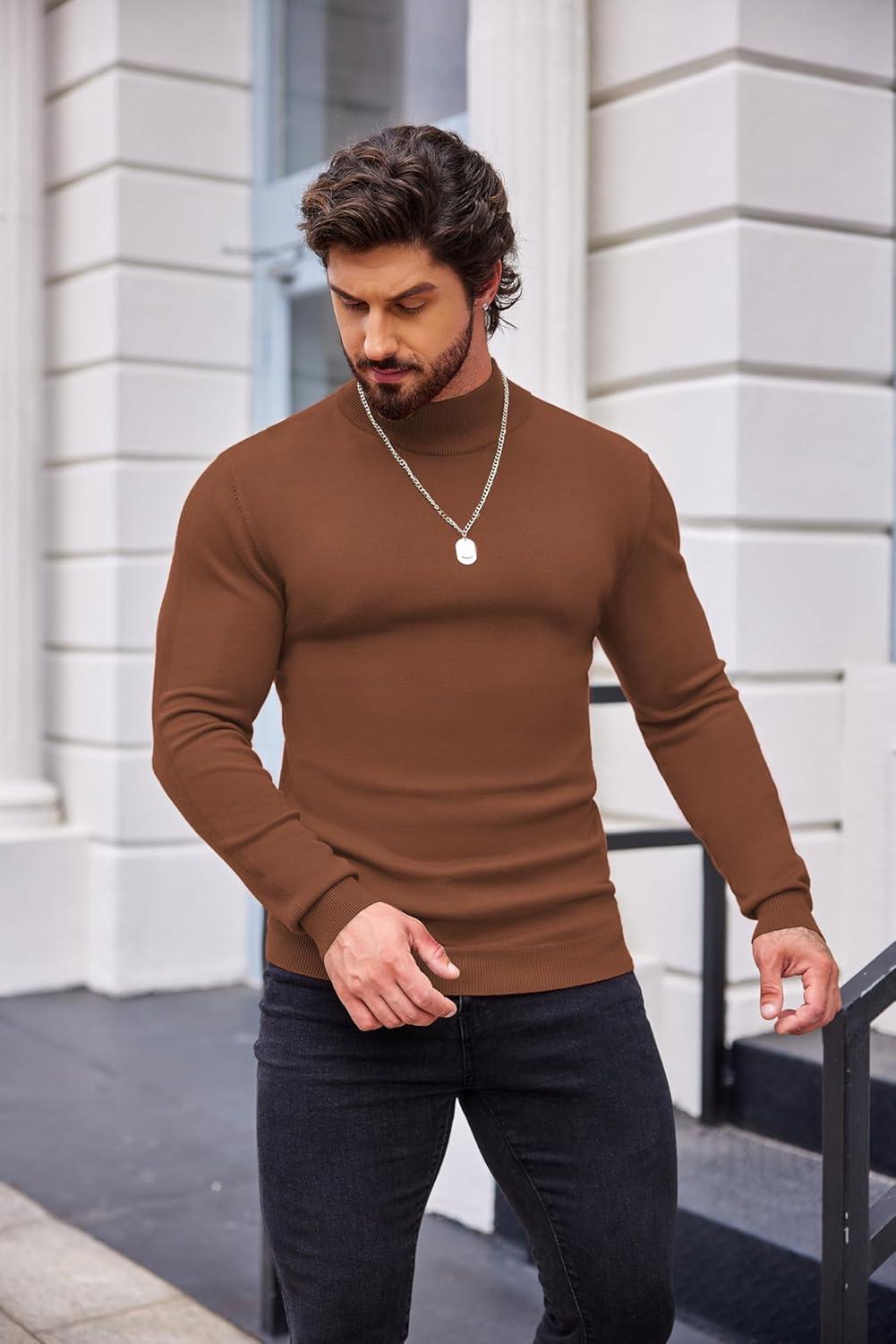 imageCOOFANDY Mens Slim Fit Mock Turtleneck Pullover Sweater Casual Basic Knitted Thermal SweatersBrown1
