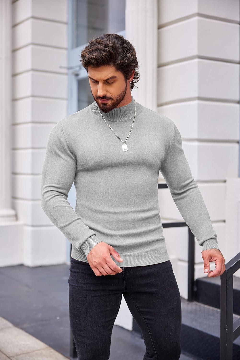 imageCOOFANDY Mens Slim Fit Mock Turtleneck Pullover Sweater Casual Basic Knitted Thermal SweatersLight Grey