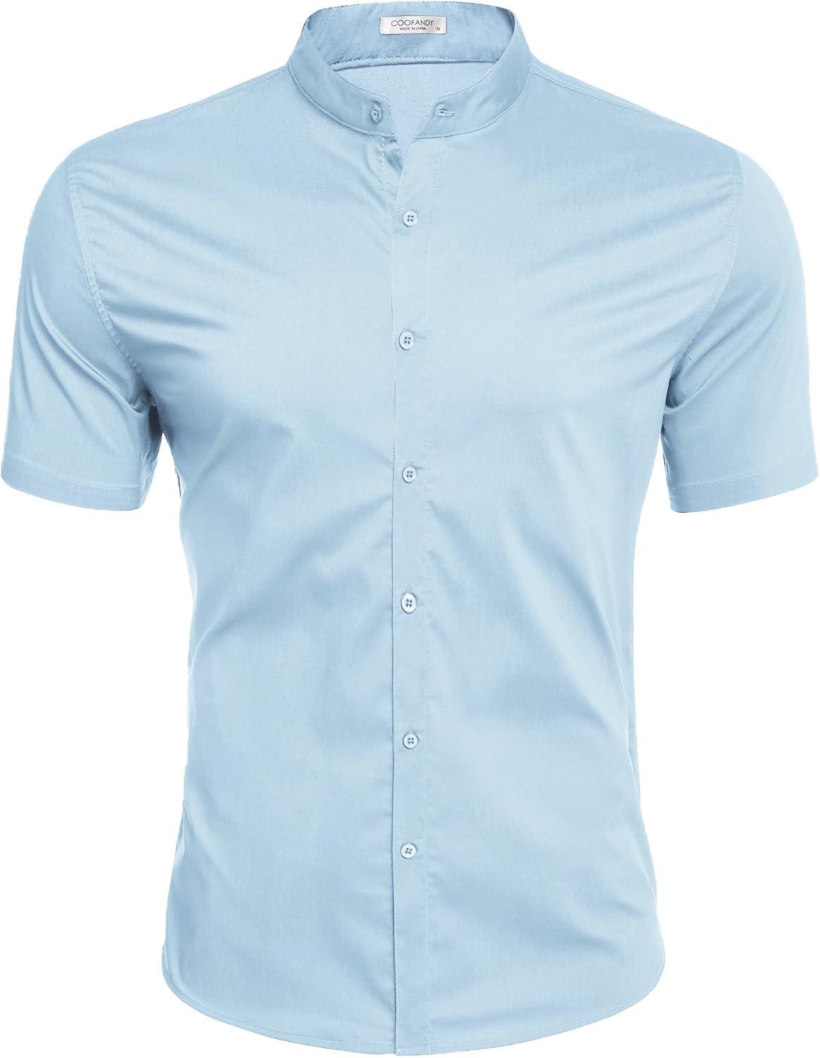 imageCOOFANDY Muscle Fit Dress Shirts for Men Banded Collar Casual Button Down ShirtsLight Blue