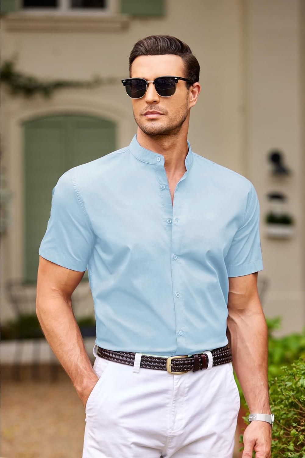 imageCOOFANDY Muscle Fit Dress Shirts for Men Banded Collar Casual Button Down ShirtsLight Blue