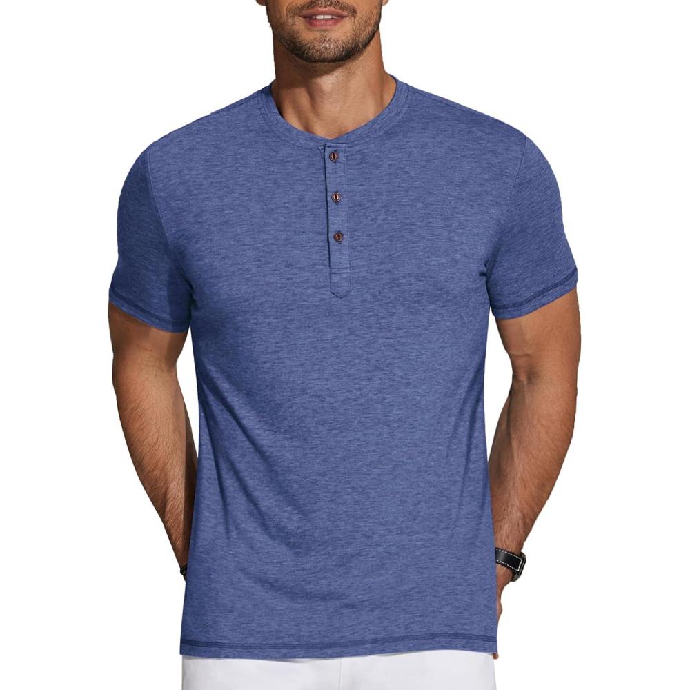 imageCOOFANDY Mens Henley Shirts Short Sleeve Casual Basic Tee Summer Button Henley Soild T ShirtsDeep Blue