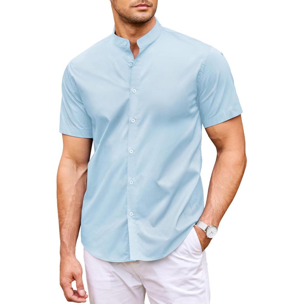 imageCOOFANDY Muscle Fit Dress Shirts for Men Banded Collar Casual Button Down ShirtsLight Blue