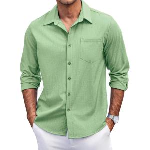 imageCOOFANDY Mens Casual Button Down Shirts Long Sleeve Untucked Shirts Regular Fit Linen ShirtGreen